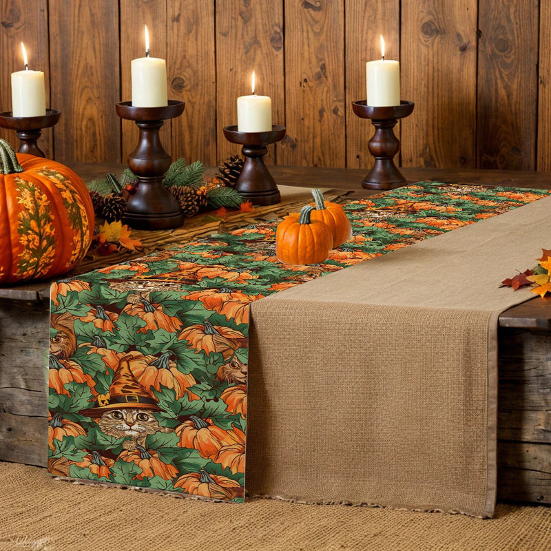 Axyaa Halloween Pumpkin Cat Table Runner for Dining and Wedding Decor