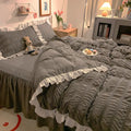 Axyaa Pink Grey Ruffled Seersucker Duvet Set with Bed Skirt & Pillowcases