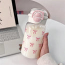 Axyaa 850ml Cute Bow Plastic Tumbler with Straw, Kawaii Design, for Cold Drinks and Boba