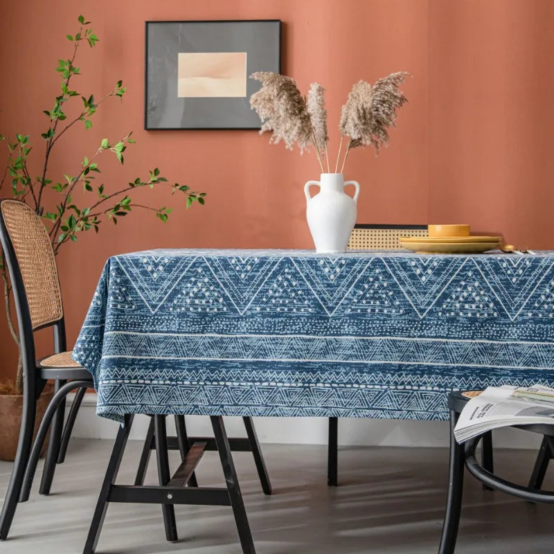 Axya Blue Geometric Triangle Printed Dining Table Cloth Cotton Linen Table Cover