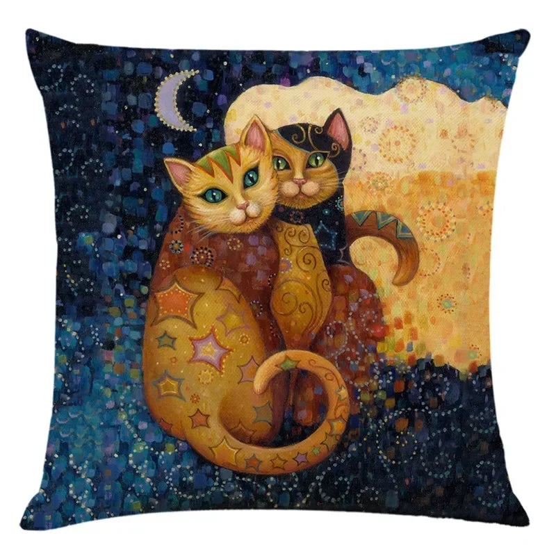 Axyaa Cat Print Linen Pillowcase 45x45cm Home Decor Cushion Cover