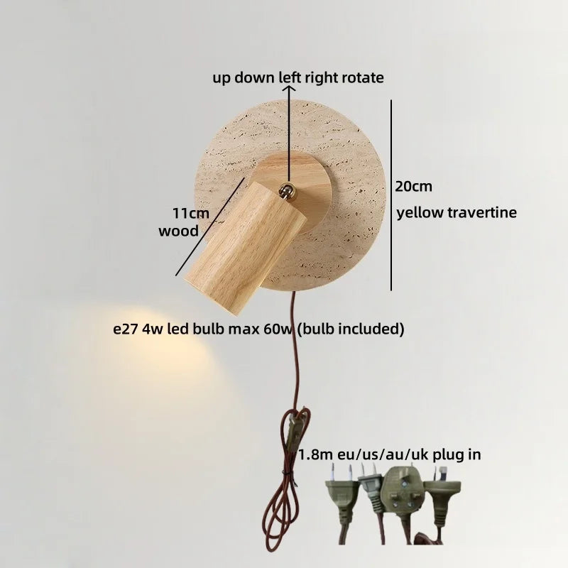 Axyaa Wabi Sabi LED Wall Lamp Yellow Travertine Wood Lampshade, Bathroom Mirror Light