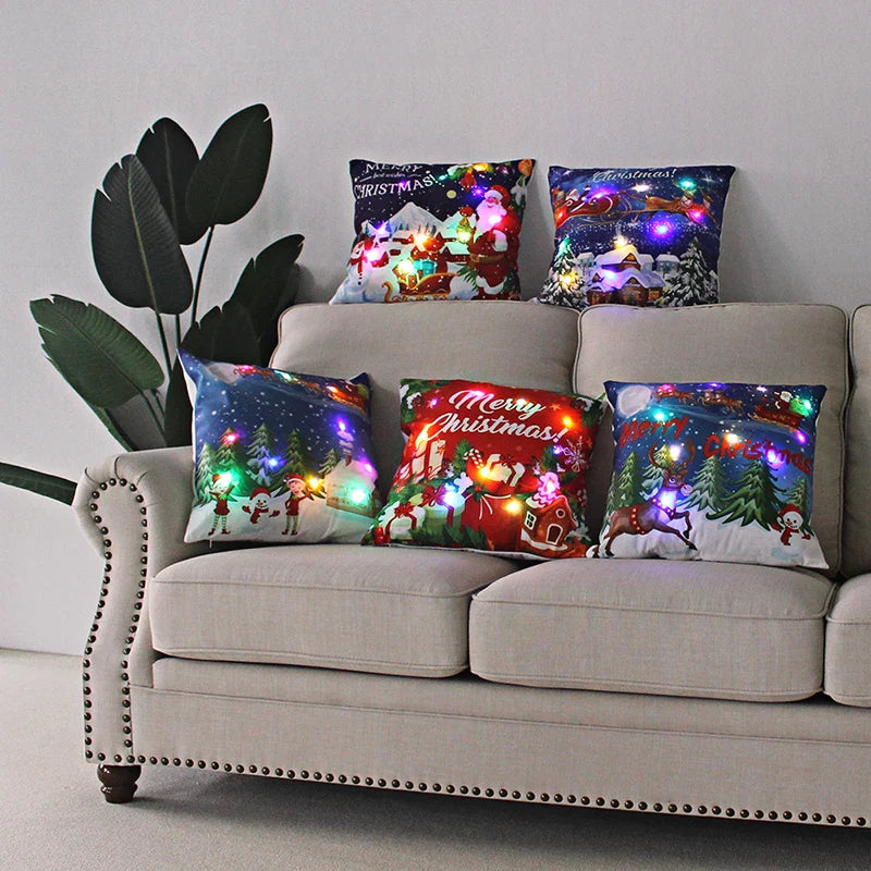 Axyaa LED Christmas Cushion Cover Merry Santa Claus Snowman Pillow Home
