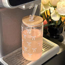 Axyaa Bowknot Glass Cups: 500ml Can Shaped Tumbler with Bamboo Lid and Straw