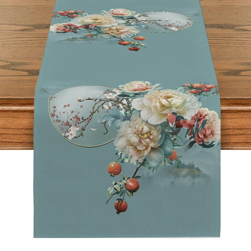 Peony Blossom Table Runner by Axyaa: Farmhouse Dining & Wedding Party Decor