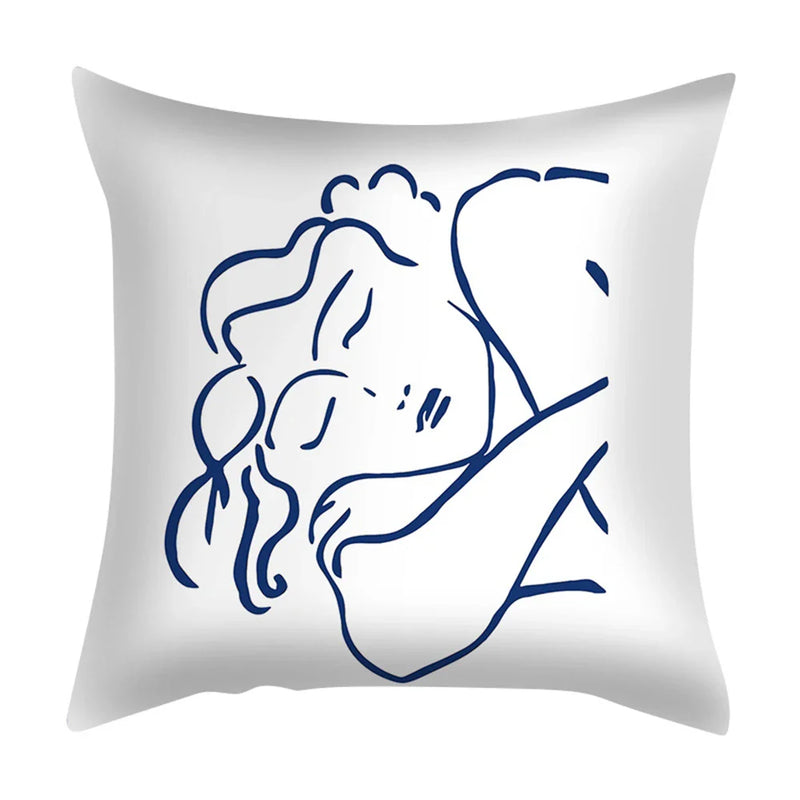 Axyaa Blue Daisy Geometric Flower Leaf Pillow Cover Square Decorative Cushion Cover