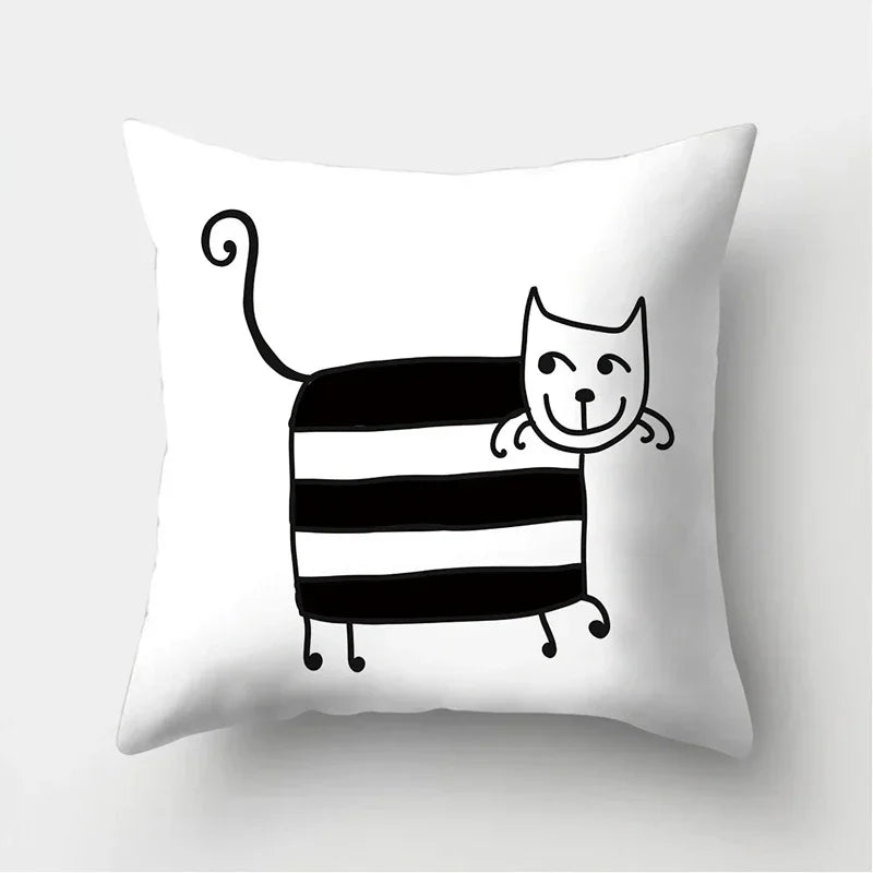 Axyaa Black & White Cat Pattern Cushion Cover for Living Room, Bedroom & Sofa