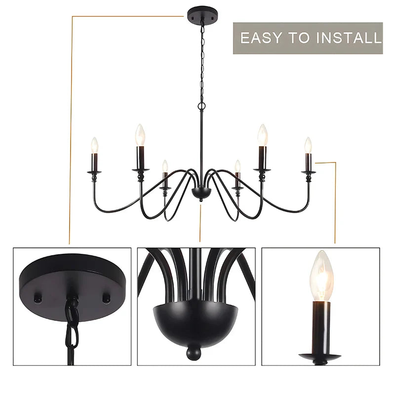 Axyaa 6-Light Black Wrought Iron Chandelier for Kitchen Island and Dining Area