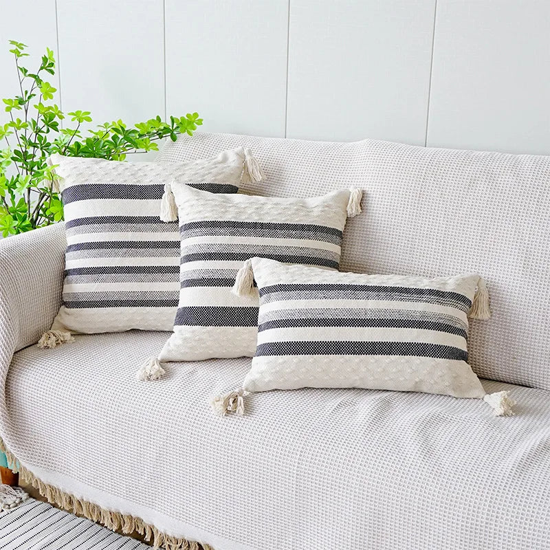 Ivory Brown Coffee Black Stripe Pillow Case with Tassels - Axyaa Brand
