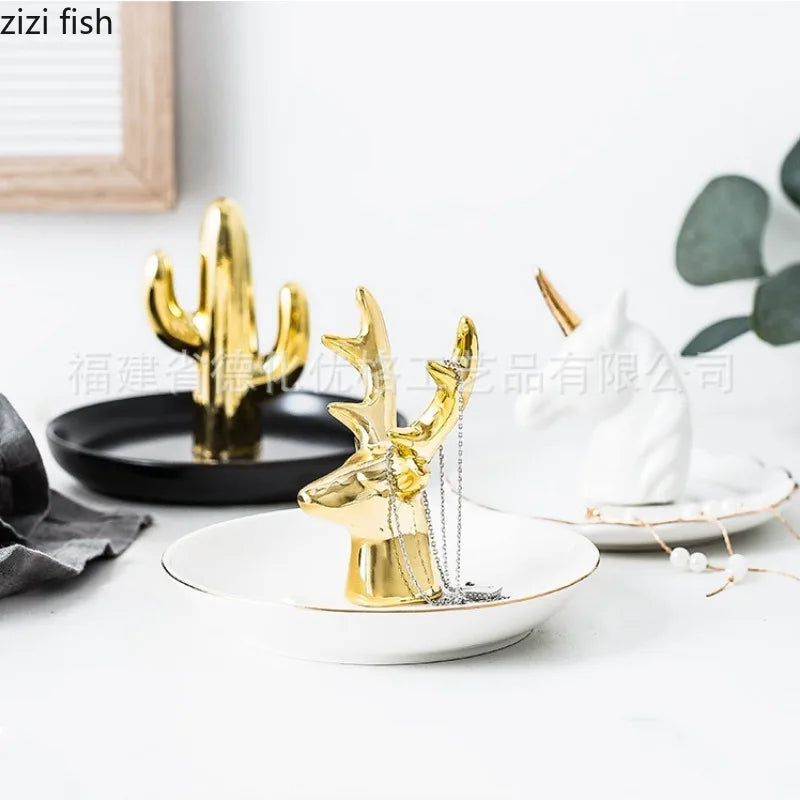 Axya Ceramic Jewelry Tray Stand: Decorative Display Storage Rack Organizer Decor Ornament