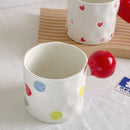 Axyaa Polka Dot Handle Ceramic Mug Set in White & Red, Irregular Design