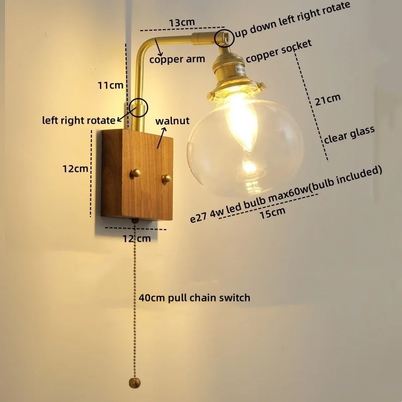 Axyaa Glass Copper LED Wall Lights Modern Bedside Lamp for Home Decor