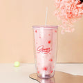 Axyaa Cherry Blossom Straw Water Bottle: Double Layer, Large Capacity Tumbler Cup