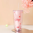 Axyaa Cherry Blossom Straw Water Bottle: Double Layer, Large Capacity Tumbler Cup