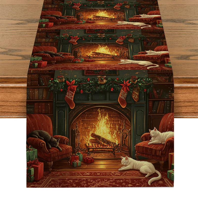 Axyaa Christmas Cat Fireplace Bow Table Runner for Kitchen Holiday Party Decor