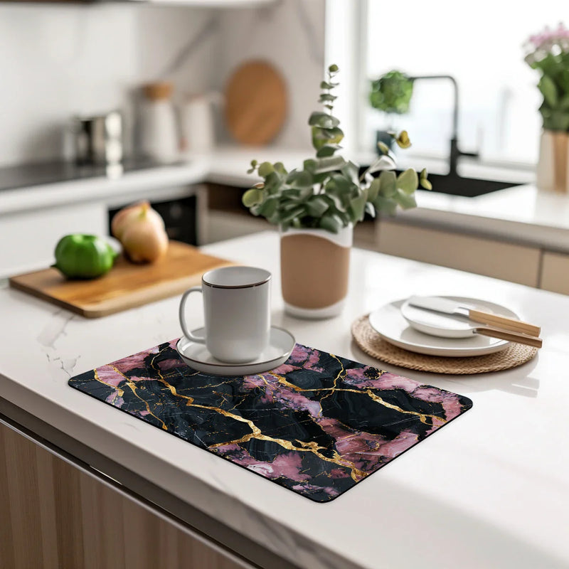 Axyaa Black Marble Kitchen Draining Mat - Absorbent & Anti-slip