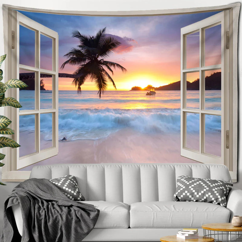 Axyaa Beach Sun Forest Painting Tapestry Wall Hanging for Boho Home Decor