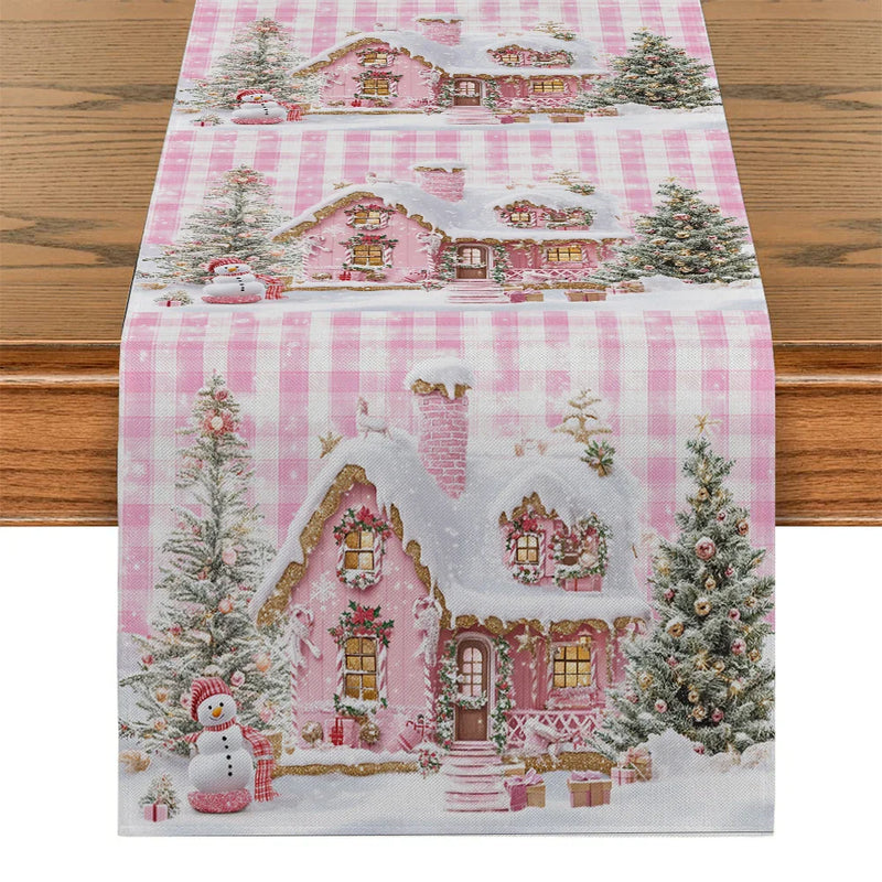 Pink House Table Runner by Axyaa: Christmas Decor for Kitchen Table, Farmhouse Style Dining Table Decoration