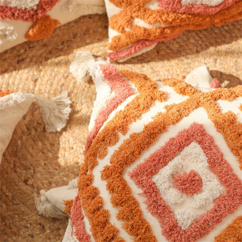 Axyaa Tufted Tassel Boho Cushion Cover in Warm Colors