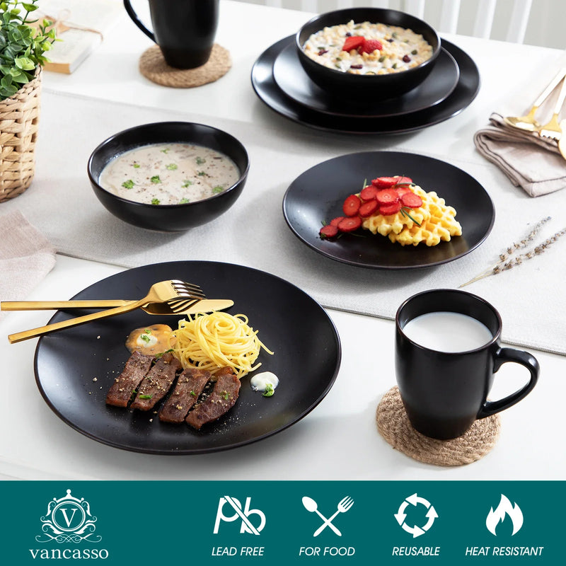 Axya 48-Piece Black Stoneware Dinner Set: Plates, Bowls, Cups - VANCASSO MODA