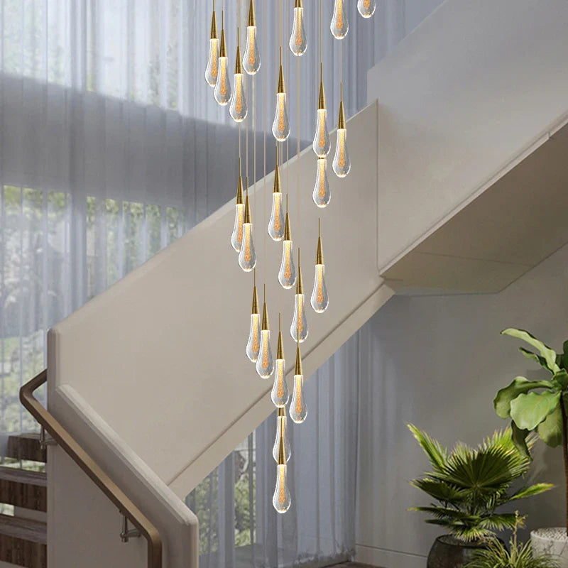 Gold Crystal Tear Drop Chandelier for Villa Staircases, LED Pendant Light by Axyaa