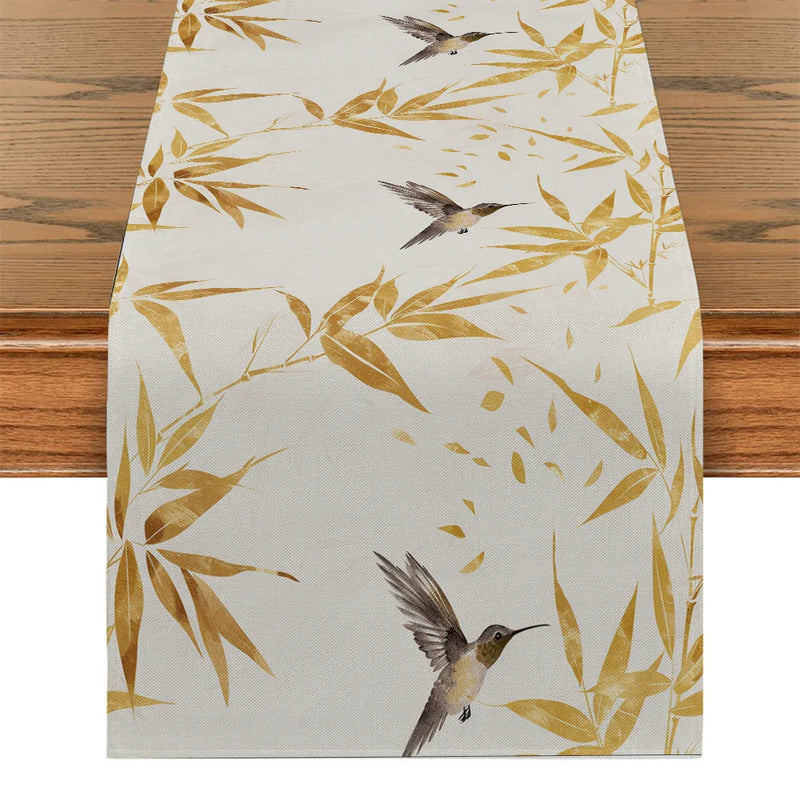 Axyaa Bamboo Leaves Hummingbird Table Runner - Farmhouse Dining Wedding Party Decor