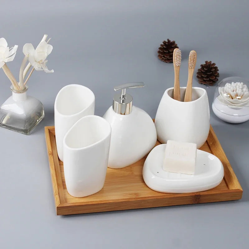 Axya Ceramic Bathroom Set: Soap Dispenser, Toothbrush Holder, Tumbler, Soap Dish & Cotton Swab Holder