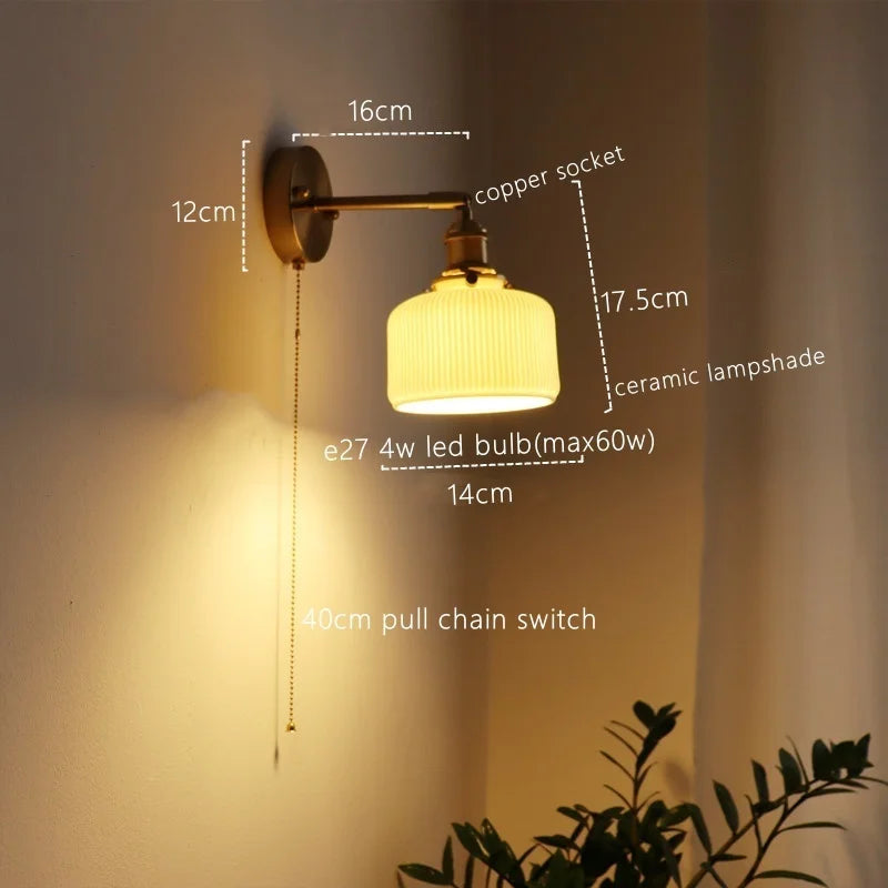 Axyaa Nordic LED Wall Sconce Ceramic Pull Chain Switch Light Fixture