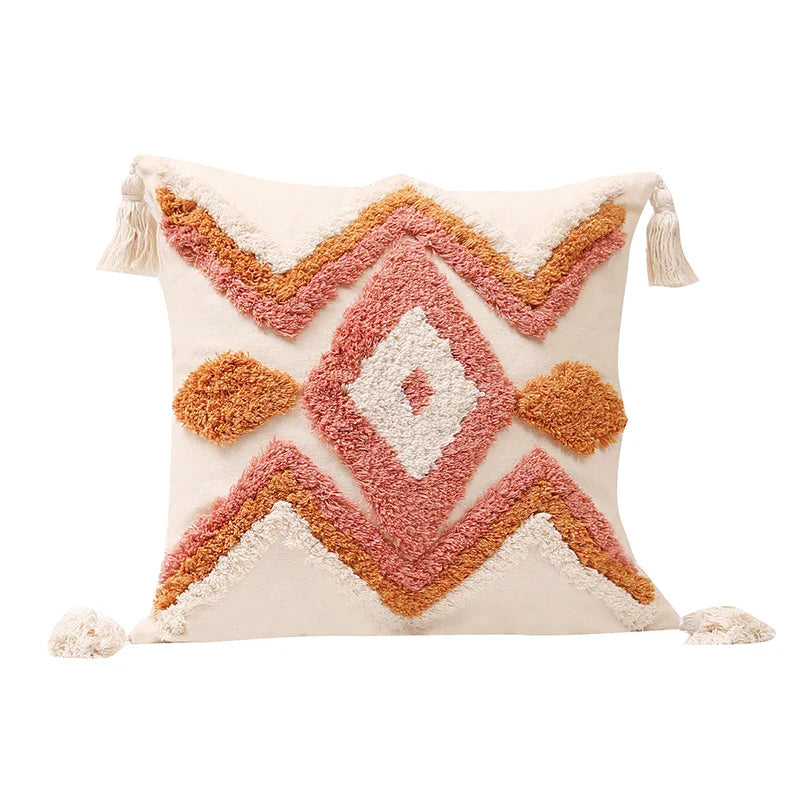 Axyaa Tufted Tassel Boho Cushion Cover in Warm Colors