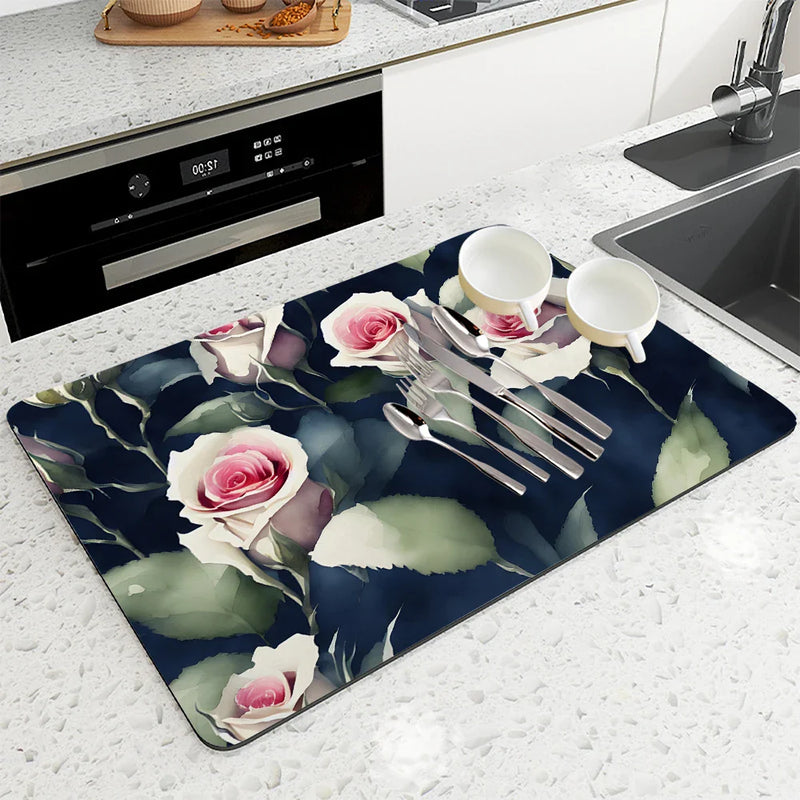 Axyaa Rose Flower Absorbent Kitchen Mat - Antiskid Draining Coffee Drying Pad