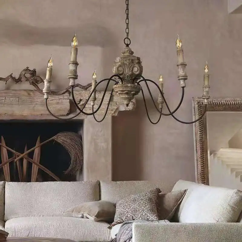 Axyaa Retro French Wood Chandelier Vintage Carving Living Room Bedroom Dining