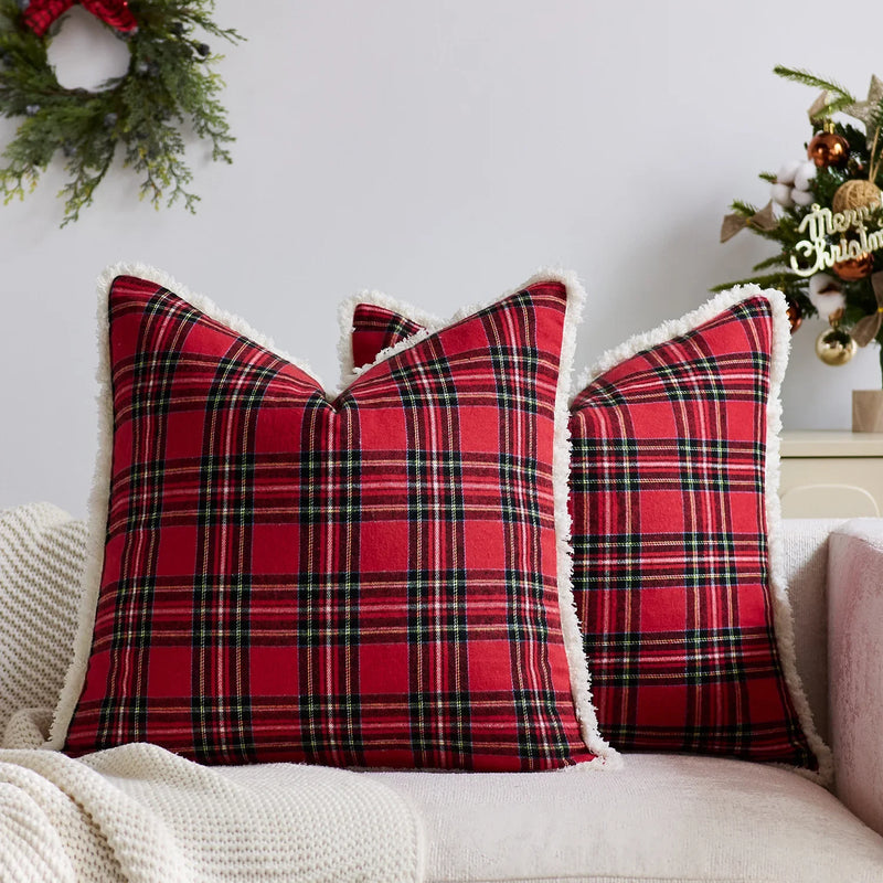 Axyaa Christmas Tartan Plaid Cushion Cover Red Green Ivory 45x45cm 50x50cm
