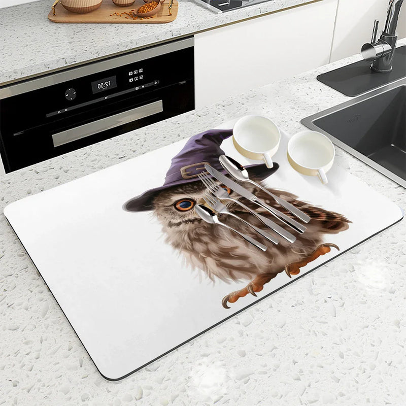 Axyaa Halloween Owl Hat Kitchen Draining Mat: Absorbent, Anti-slip, Quick Dry Pad
