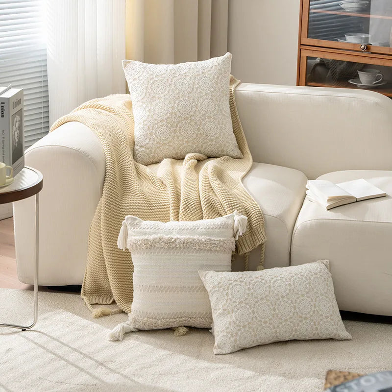 Axyaa White Floral Embroidered Cushion Cover - Elegant Home Decor