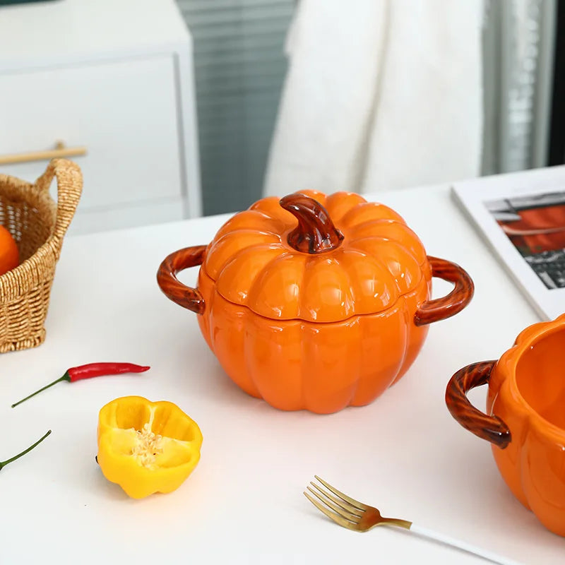 Axya Pumpkin Ceramic Hot Pot with Double Handles and Cover