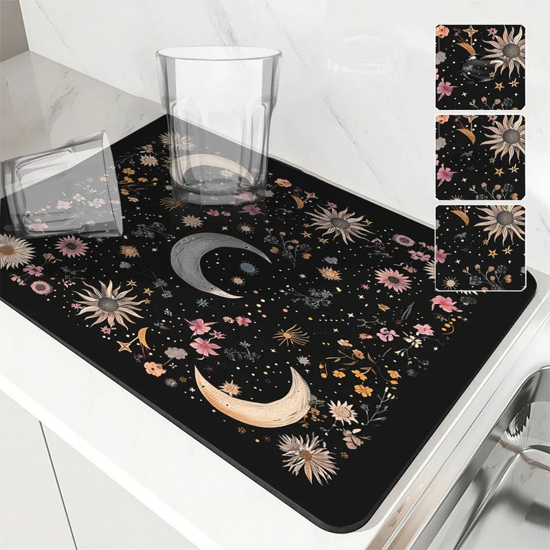 Axyaa Moonlit Flowers Draining Mat: Absorbent, Antiskid, Quick Dry and Super Draining