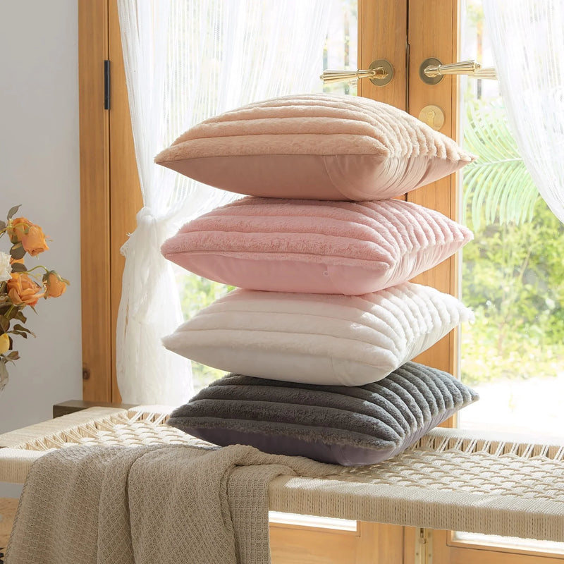 Axyaa Pink Striped Faux Fur Cushion Cover 18x18in for Home Decor