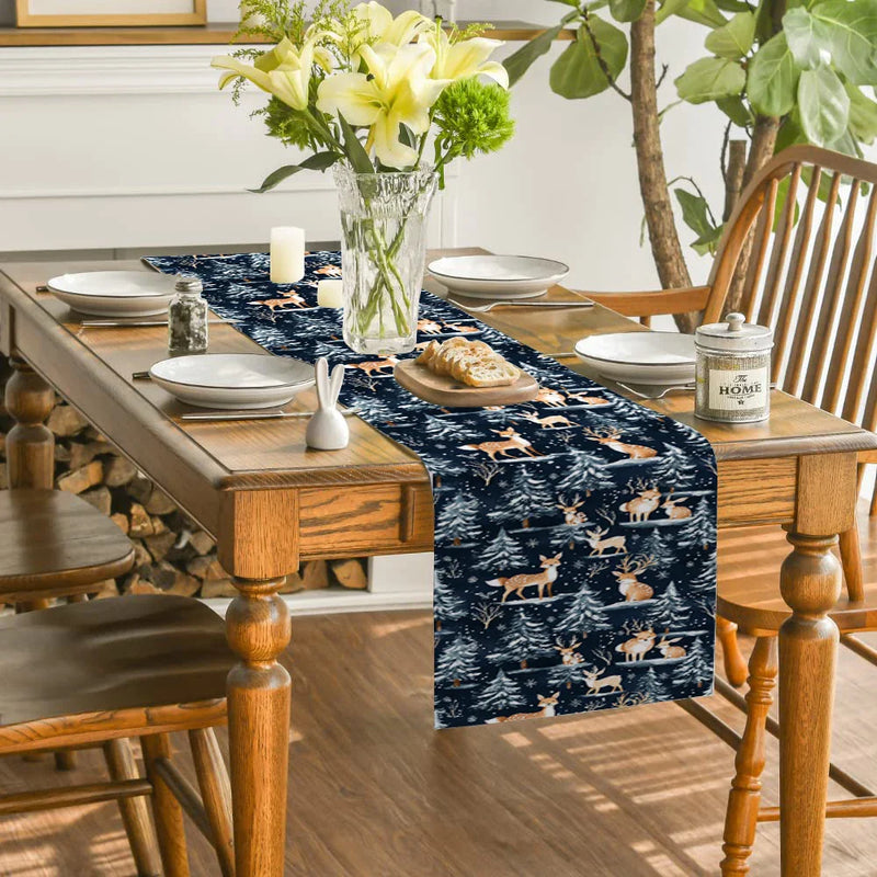 Axyaa Christmas Tree Deer Fox Table Runner for Dining Room