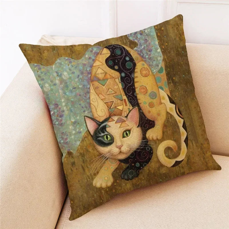 Axyaa Cat Print Linen Pillowcase 45x45cm Home Decor Cushion Cover