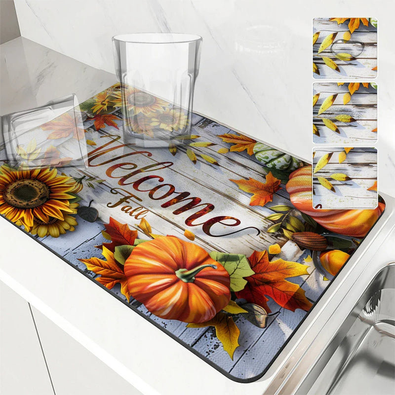 Axyaa Thanksgiving Wood Absorbent Draining Mat: Anti-Skid, Quick Dry, Dish Drying Pad