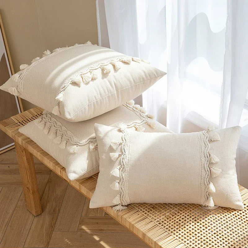 Axyaa Beige Cotton Weave Fringed Cushion Cover for Home Decor