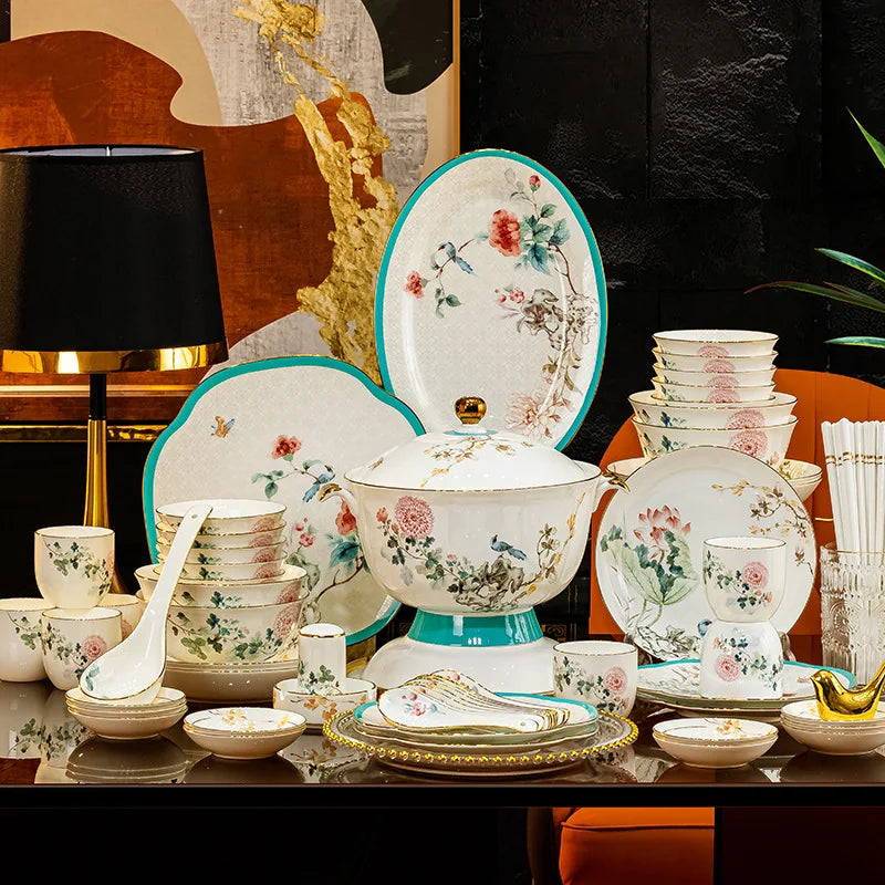 Axya European Luxury Bone Dinnerware Set: Bowls, Plates, Dishes, Spoons, Chopsticks.