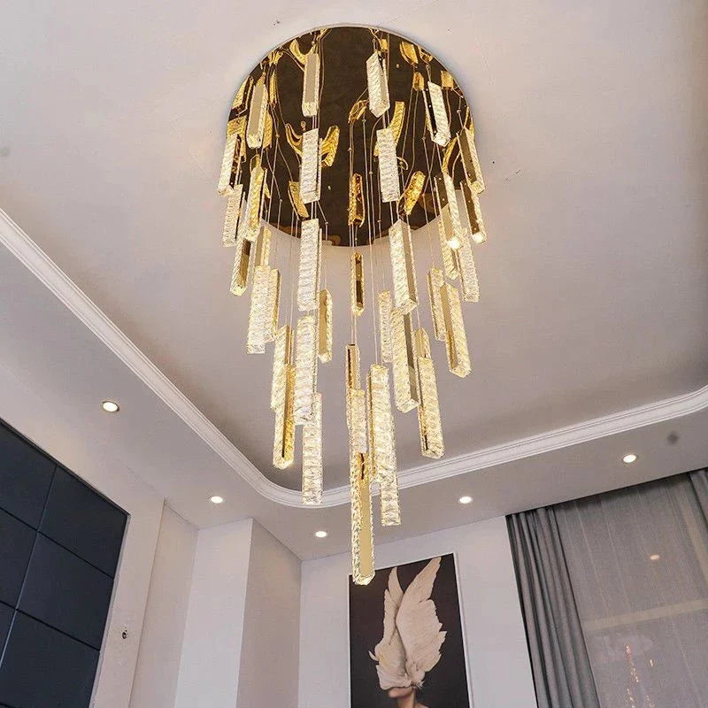 Axyaa Crystal Pendant LED Chandelier for Staircase in Luxury Living Room