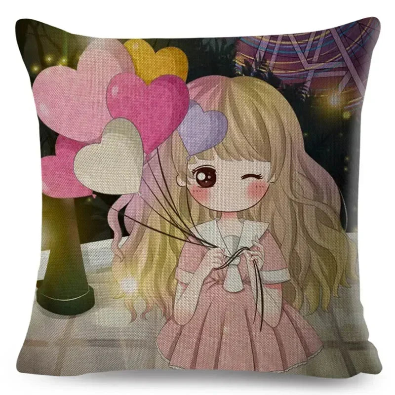 Axyaa Beautiful Girl Pattern Linen Pillowcase for Living Room and Bedroom