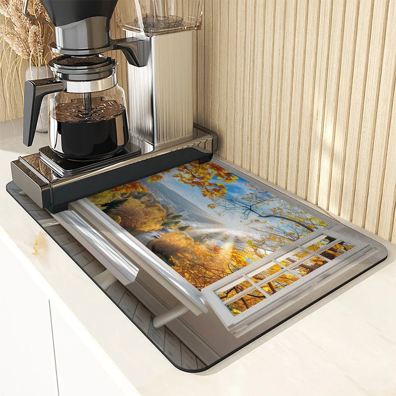 Axyaa Autumn Scenery Coffee Mat | Absorbent Rubber Backed Drying Mat