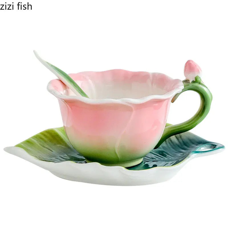 Axya Rose Ceramic Tea Set with Petaled Teapot and Butterfly Bud Cup
