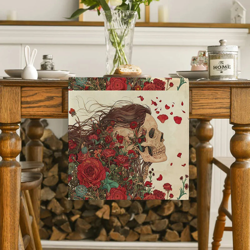 Axyaa Floral Skull Table Runner for Kitchen Dining Decor