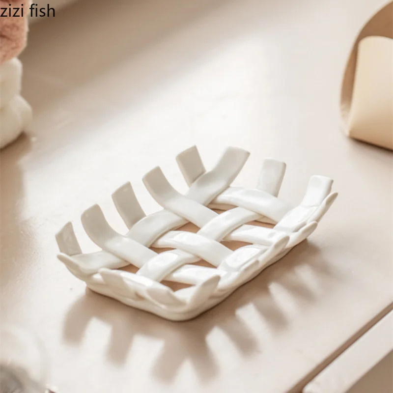 Axya Hand-Woven Ceramic Soap Dish Drain Rack Bathroom Organizer Tray Stand Shelf
