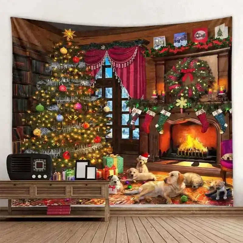 Axyaa Christmas Party Decoration Background Cloth Santa Claus Christmas Tree Stove Tapestry
