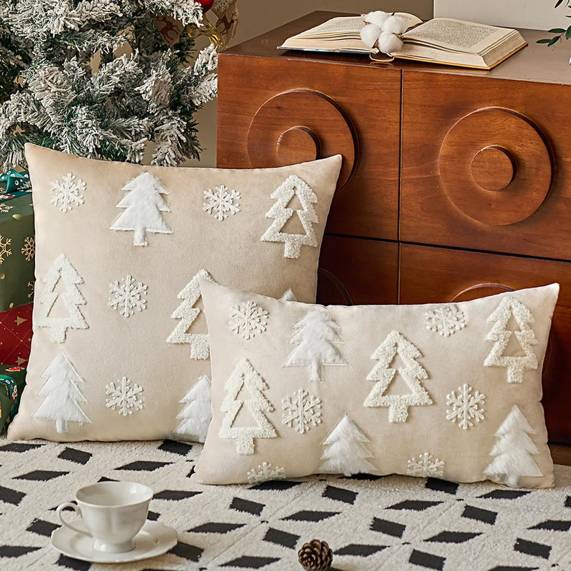 Axyaa Velvet Christmas Tree Cushion Cover, Embroidered Snowflakes, Home Decor